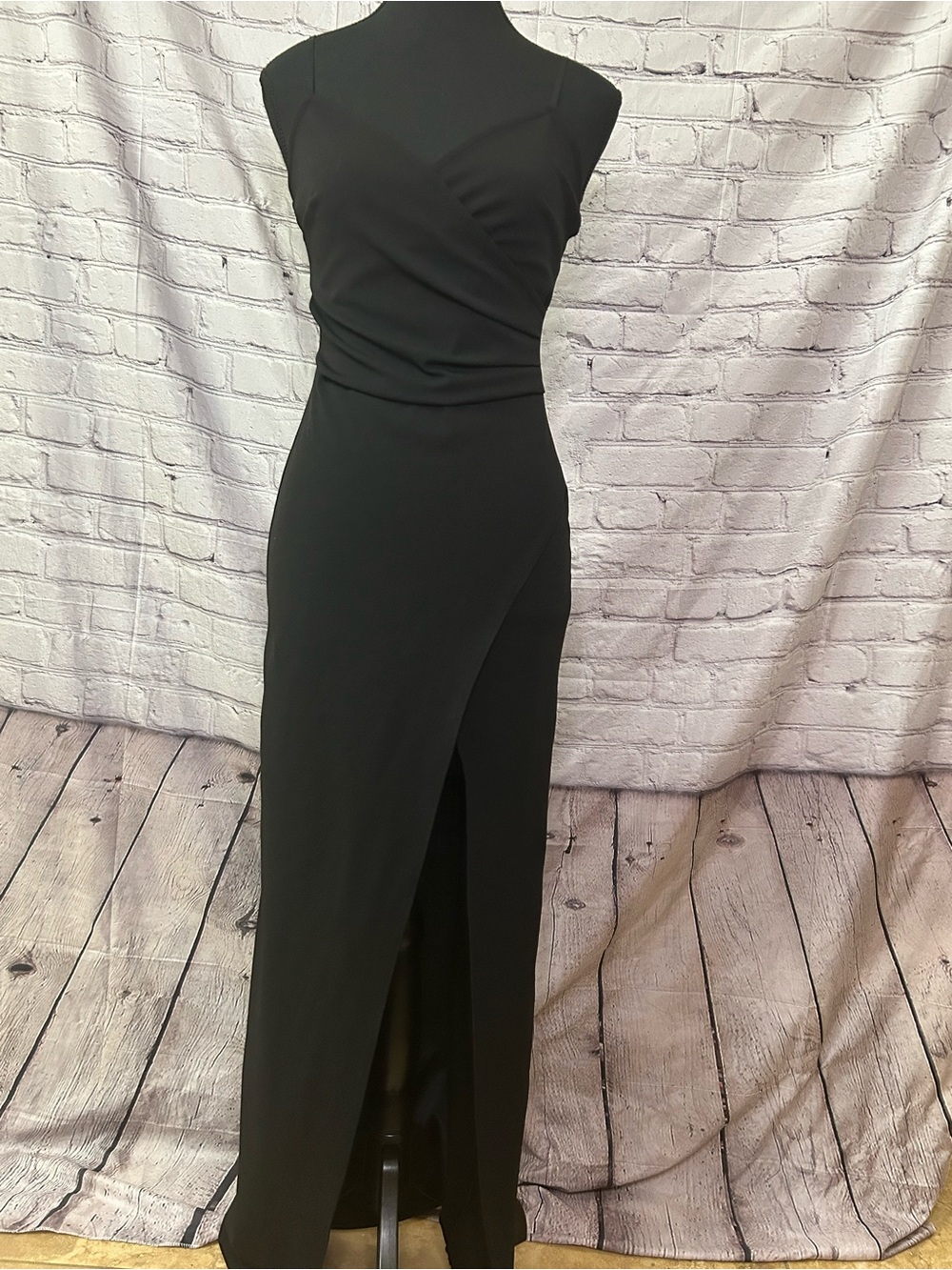 Emerald Sundae Black Spaghetti strap Faux-Wrap Maxi Dress with Front Slit